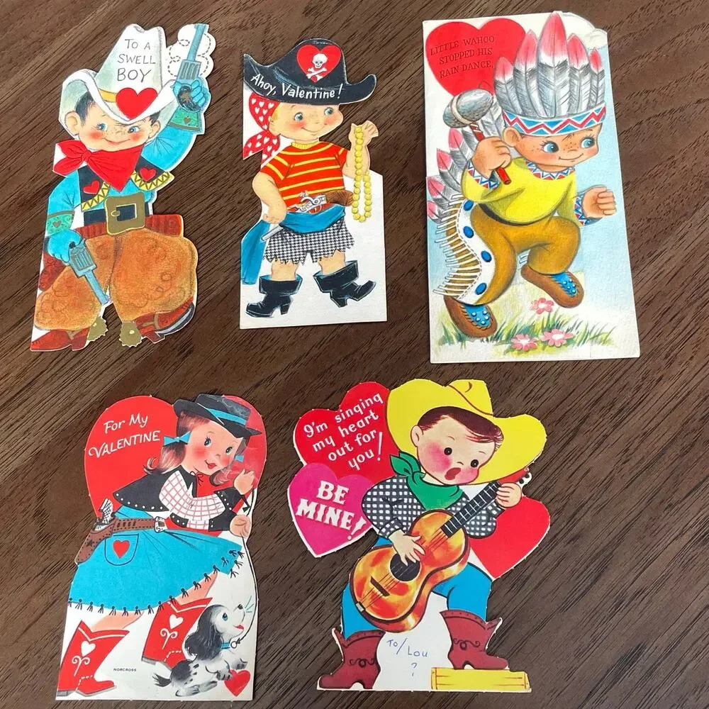 Vintage 1960's Valentine Card Die Cut Cowboy Western Indian Pirate Cowgirl USED